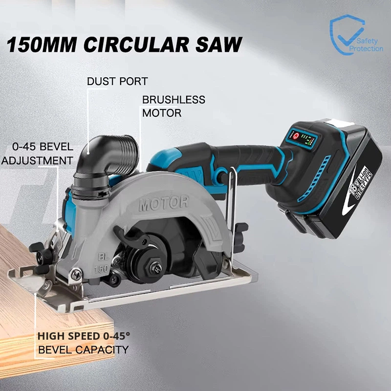 Cordless Electric Brushless Circular Saw Adjustable Wood Cutting Machine 6 Inch 150mm Handheld Woodworking Saw Lithium Battery