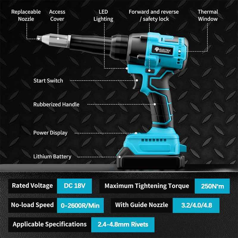 For 18V Battery Electric Goddess Cordless Rivet Nut Gun 2.4-4.8mm Brushless Motor for Industrial &amp; DIY Projects