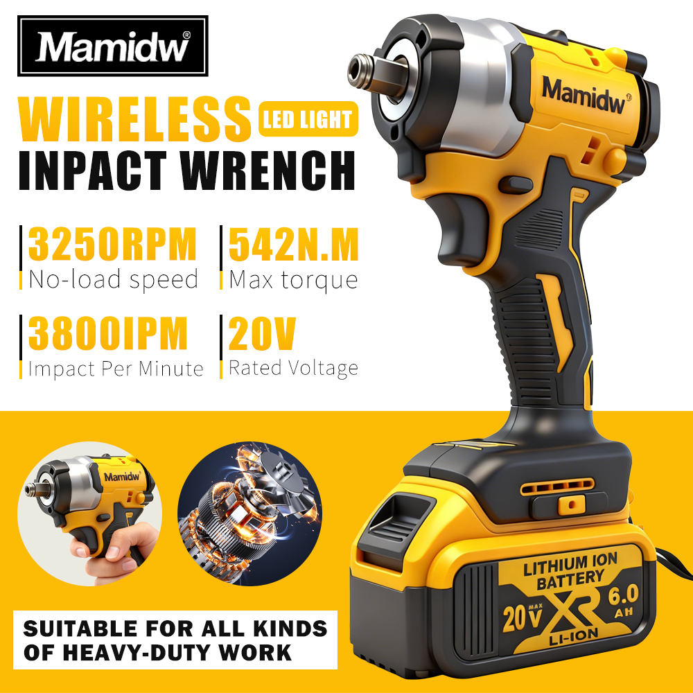 3250RPM Brushless Impact Wrench LED Cordless Driver Large Torque Variable Speed Electric Wrench for 20V Battery
