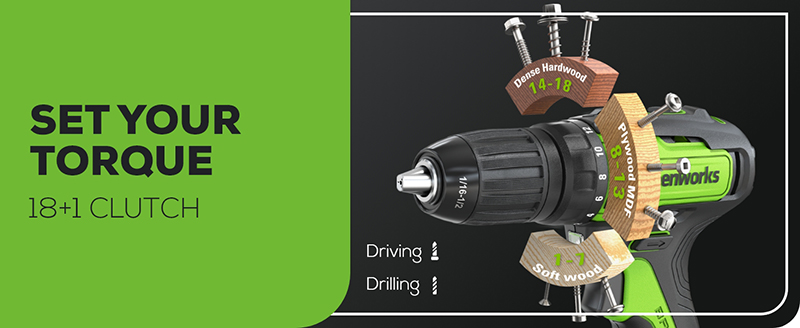 SET YOUR TORQUE 18+1 CLUTCH Driving & Drilling