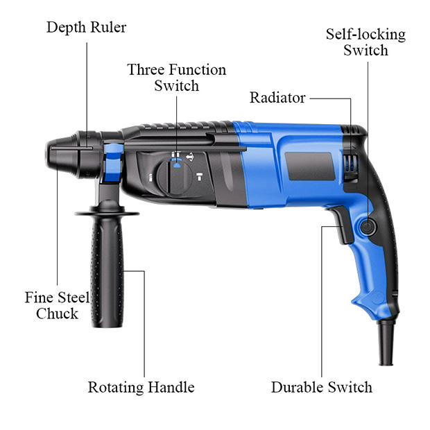 Industrial Rotary Hammer Impact Drill 1800W 26mm Max Drilling Diameter 60.4ft-lb Torque Portable AC 110-240V