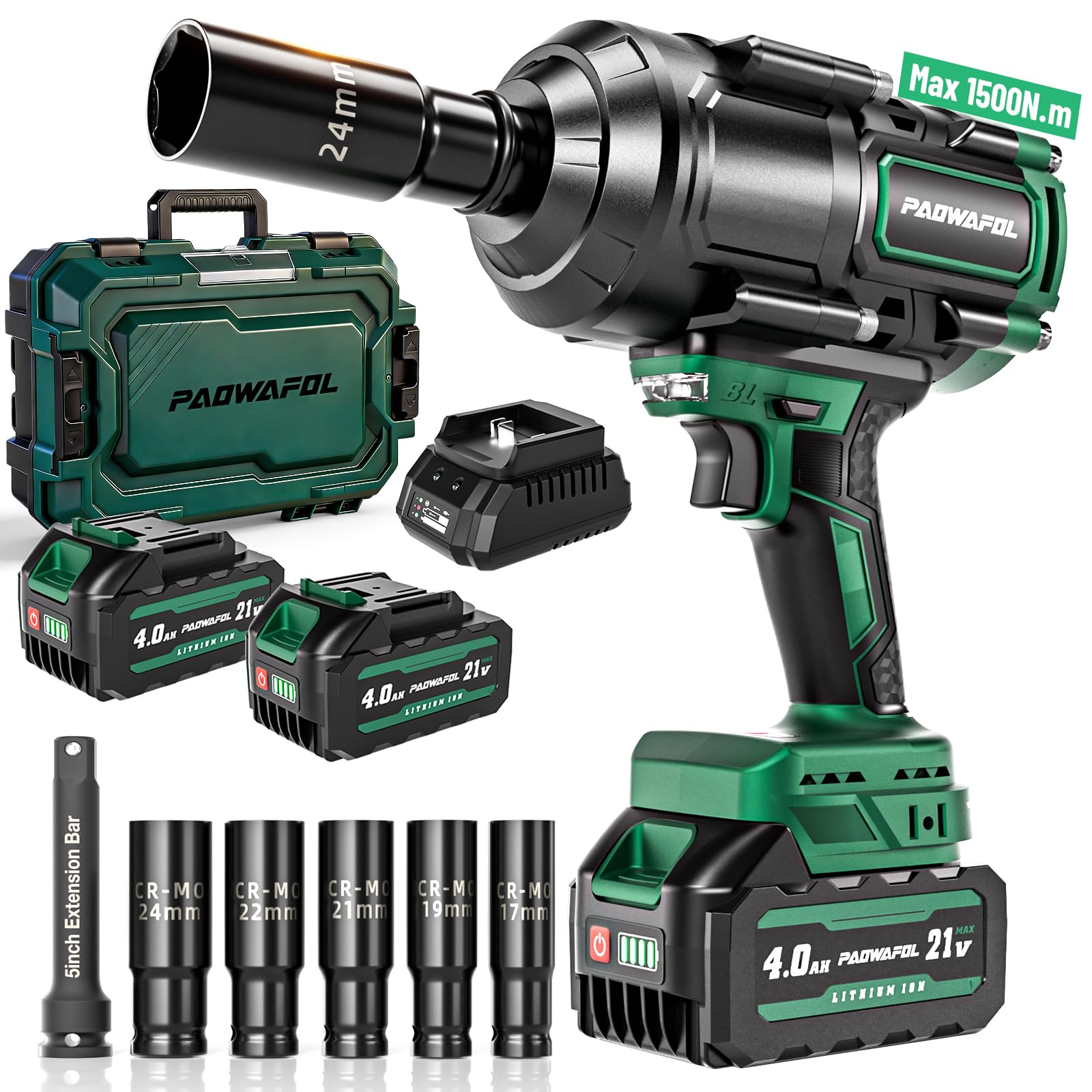 21V Brushless Impact Wrench LED Work Light 1500NM 4.0Ah Battery Cordless High Torque for RV Car Heavy Duty Truck Automotive