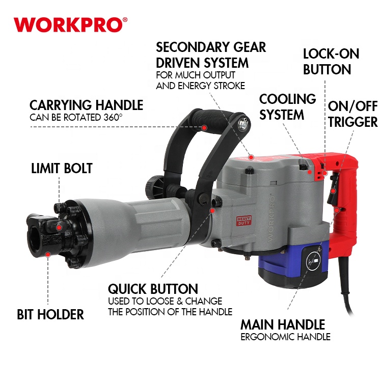 WORKPRO 1500W Demolition Breaker Hammer 60J Impact Energy Industrial Demolition Hammer