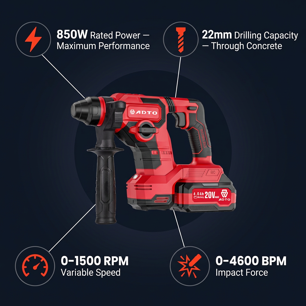 Industrial 20V Brushless Rotary Hammer 2.2J Impact Energy Professional Contractor Series Cordless Impact Drill for Concrete