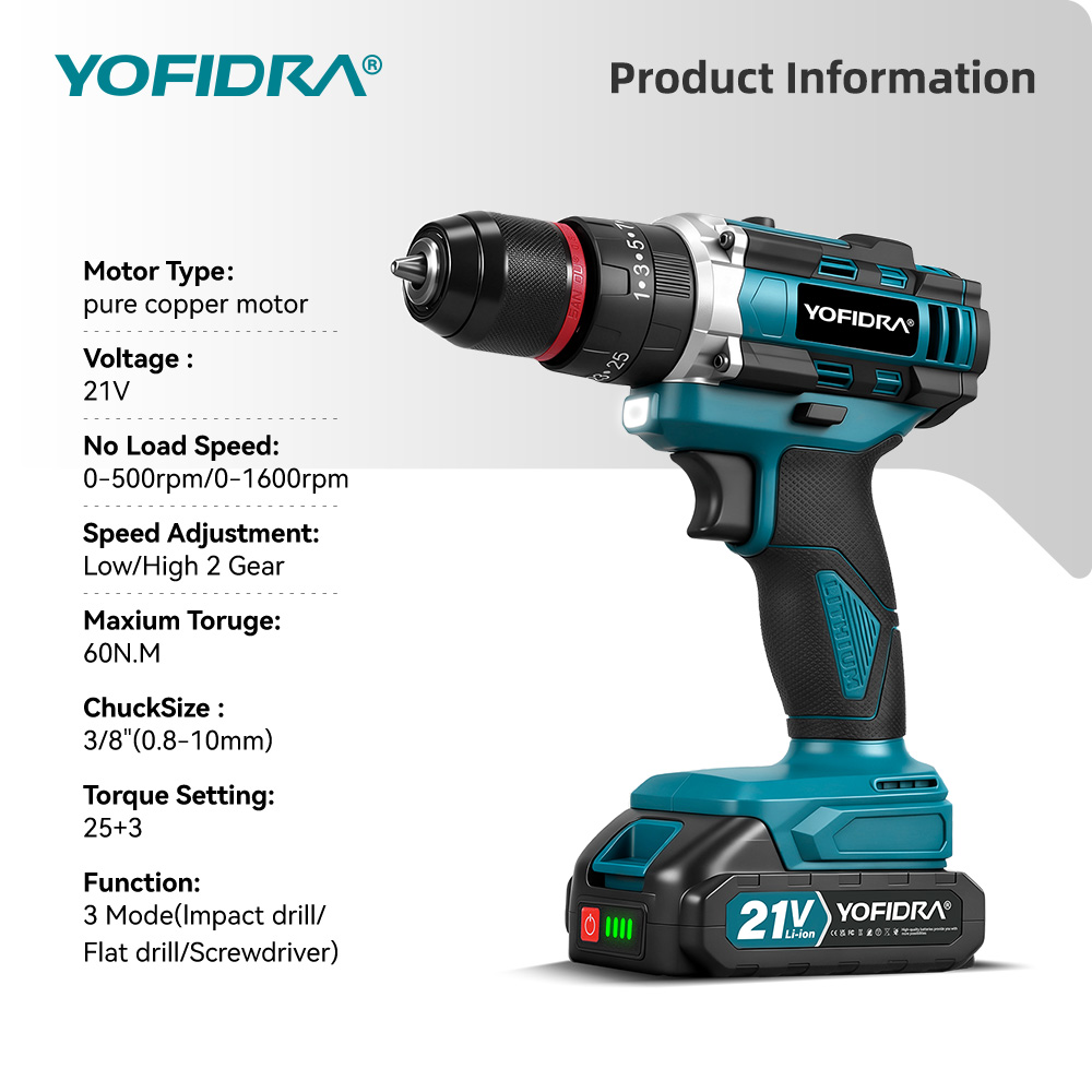 YOFIDRA 3IN1 25+3 Model Torque Electric Impact Drill Handheld Cordless Impact Drill Woodworking for 21V Battery