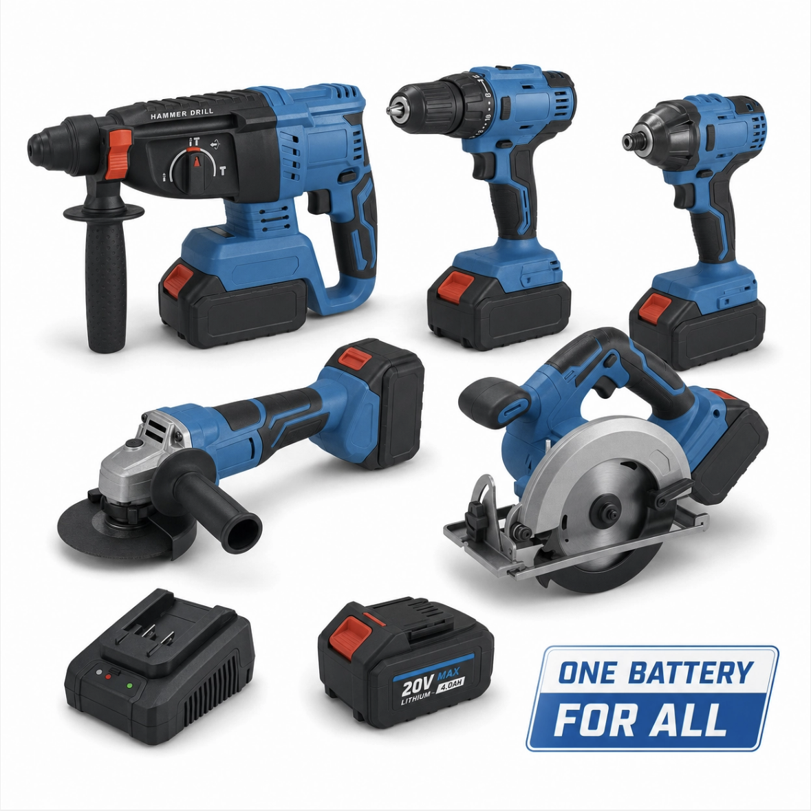 5-in-1 Cordless Electrical Power Tool Combo Kit Electric Drill Circular Saw Grinder More-Lithium Battery Hard Case for Home