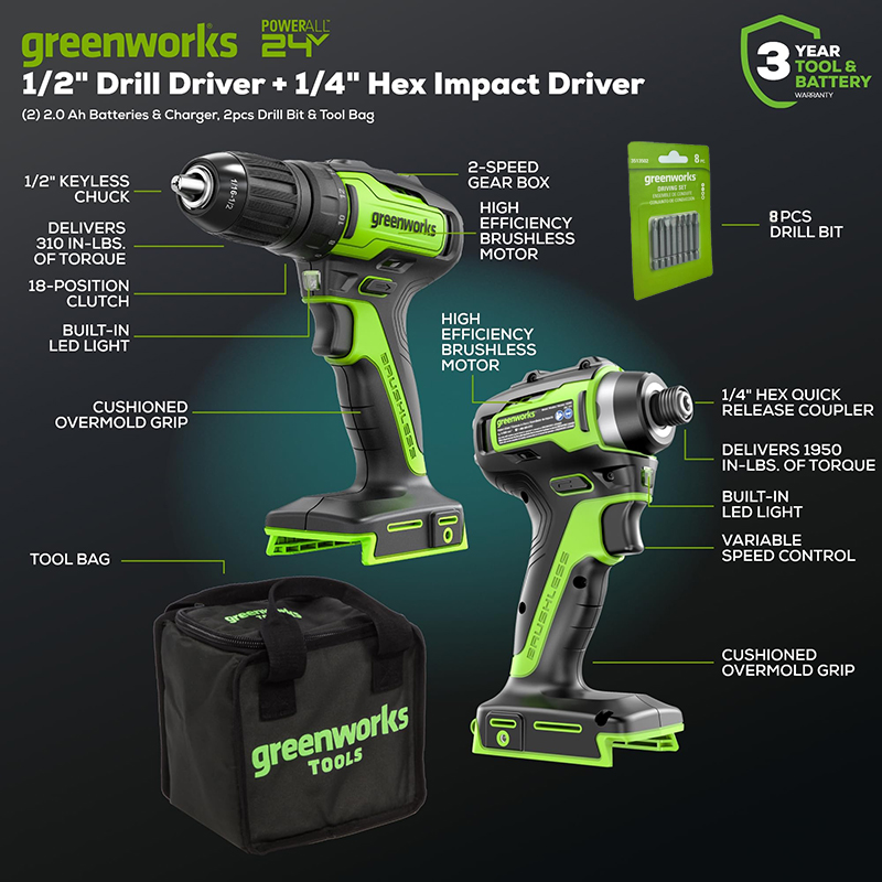 Greenworks 24V Brushless 1/2" Drill 1/4" Hex Impact Driver Power Tool Combo Kit with Toolbag 2pcs 2Ah Batteries and Flash Light