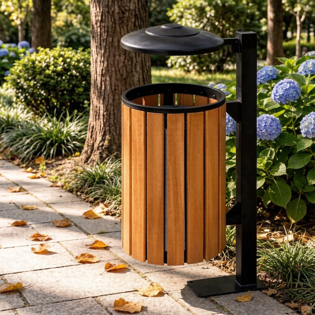 DA-78H Modern Pole Standing Wood Outdoor Dustbin Waste Bin With Rain Hood Wall Mounted Dustbin Outdoor Trash Can Outdoor Park