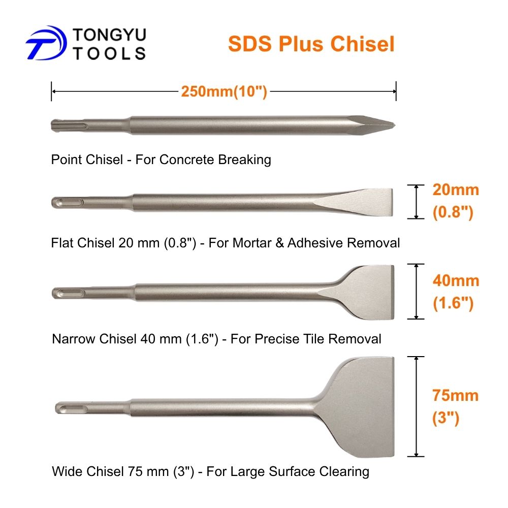 SDS Plus Chisel Set 4 Pcs - 40CrMo Alloy Steel Point, Flat &amp; Wide Blades for Tile Mortar Cement Brick Concrete Masonry Removal