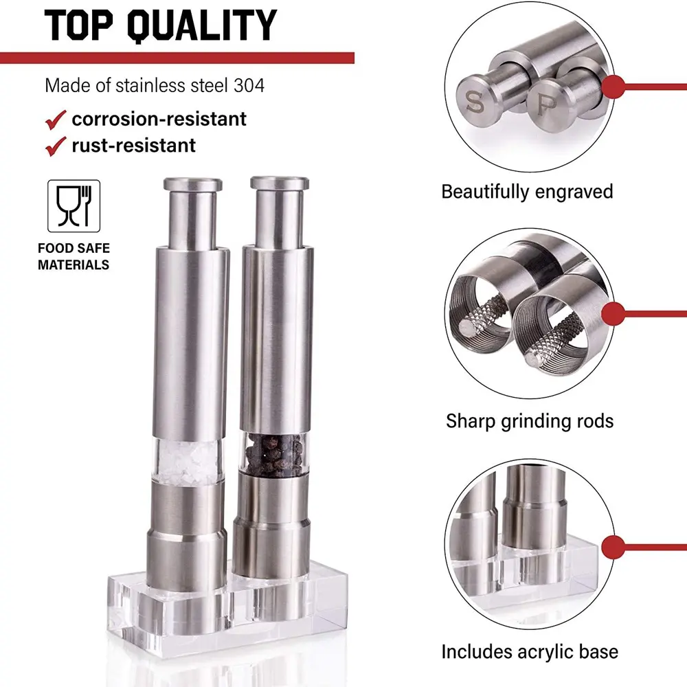 High-Quality Stainless-Steel One-Handed Thumb Push Button Spice Mill Salt and Pepper Grinder Set Supplier, Factory