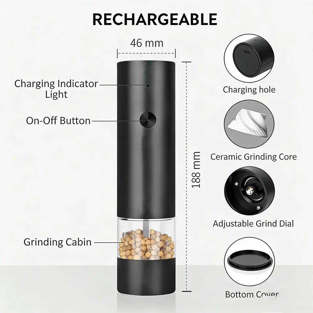China Rechargeable New Smart USB Salt Electric Pepper Mill Rechargeable Grinder Set Manufacturer, Supplier