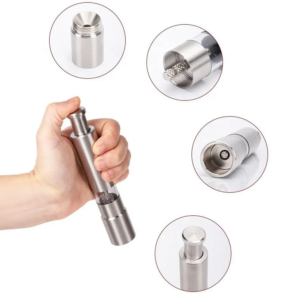 High-Quality Stainless-Steel One-Handed Thumb Push Button Spice Mill Salt and Pepper Grinder Set Supplier, Factory