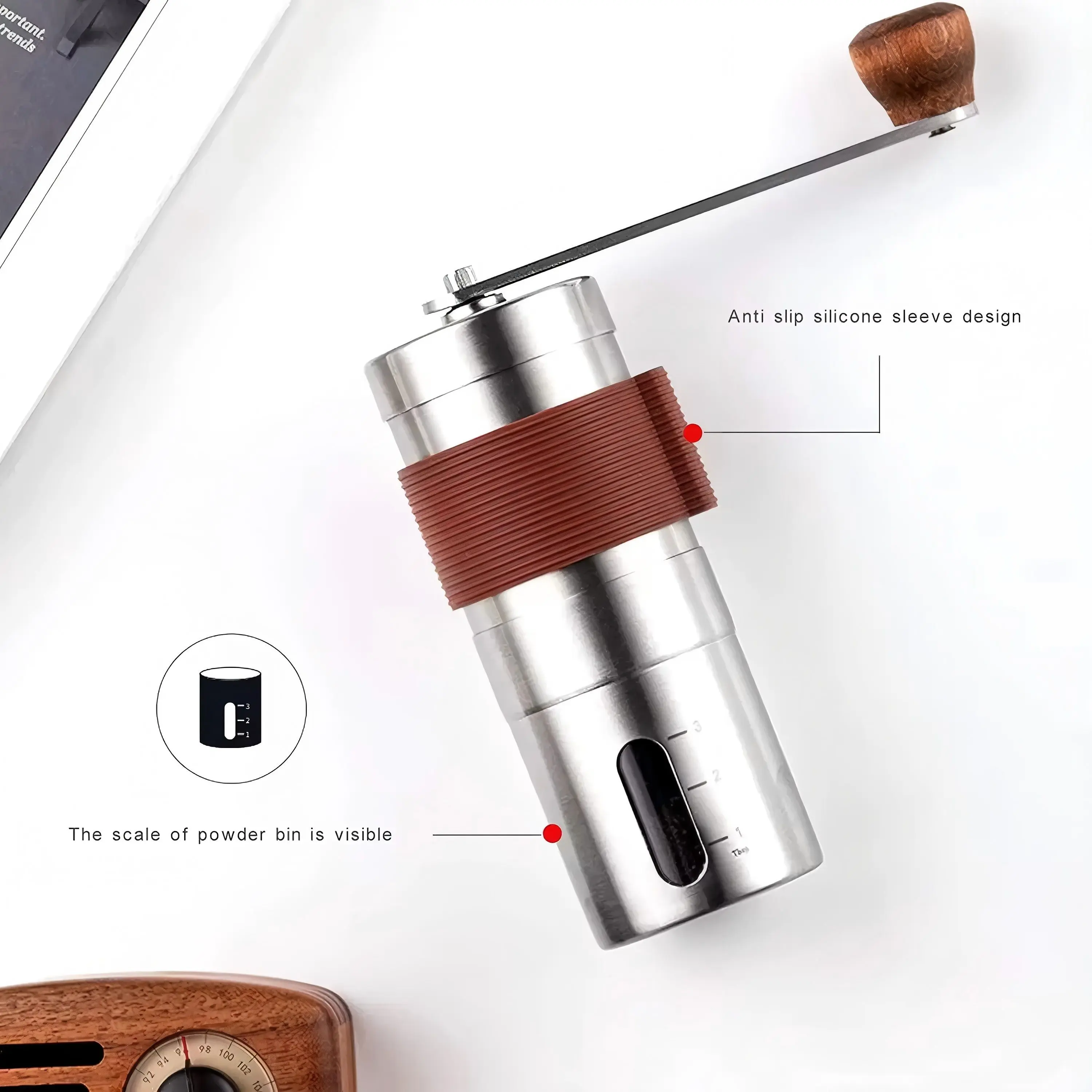 China Manual Stainless Steel Coffee Grinder Adjustable Settings With Brown Anti Slip Sheath Factories, Factory
