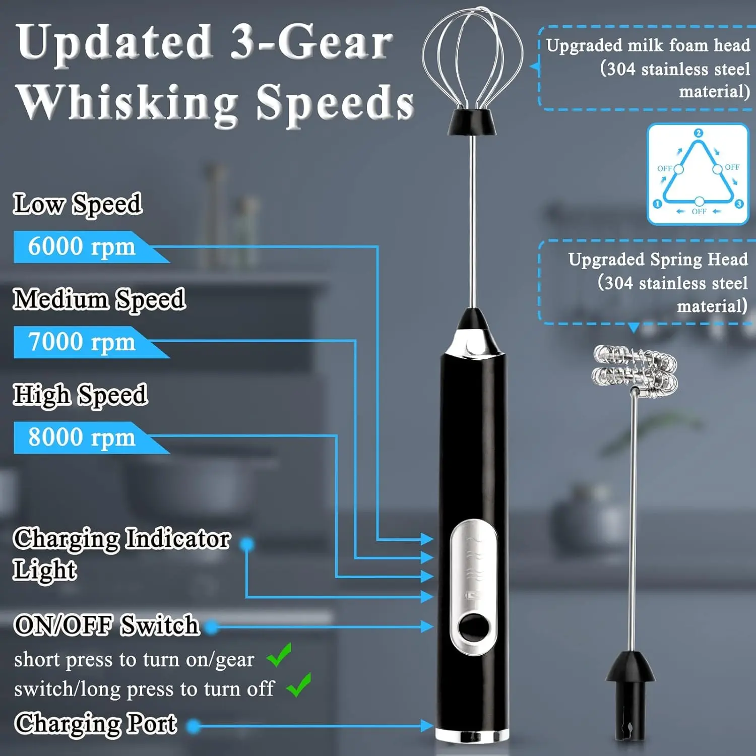 Wholesale Rechargeable Drink Mixer Handheld Milk Frother for Coffee With 3 Speeds Electric Factories, Factory