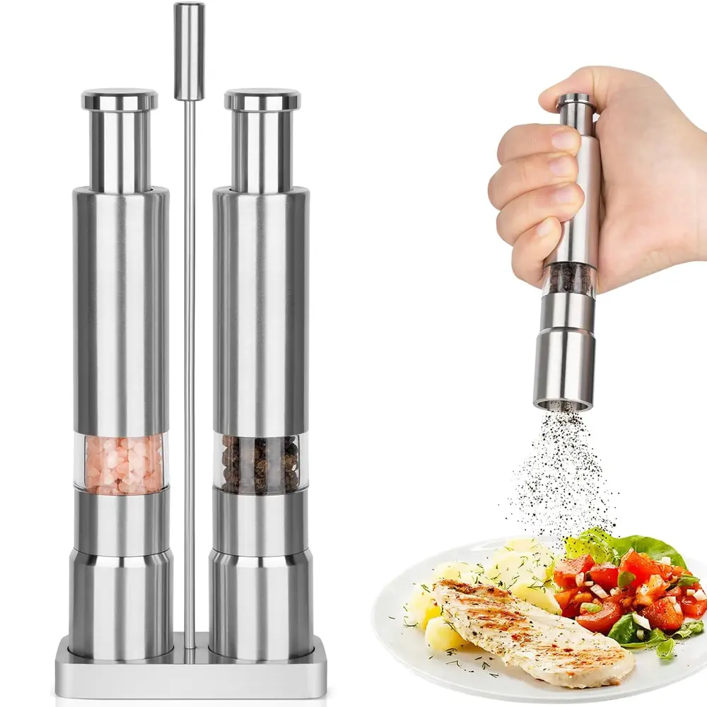 High-Quality Stainless-Steel One-Handed Thumb Push Button Spice Mill Salt and Pepper Grinder Set Supplier, Factory