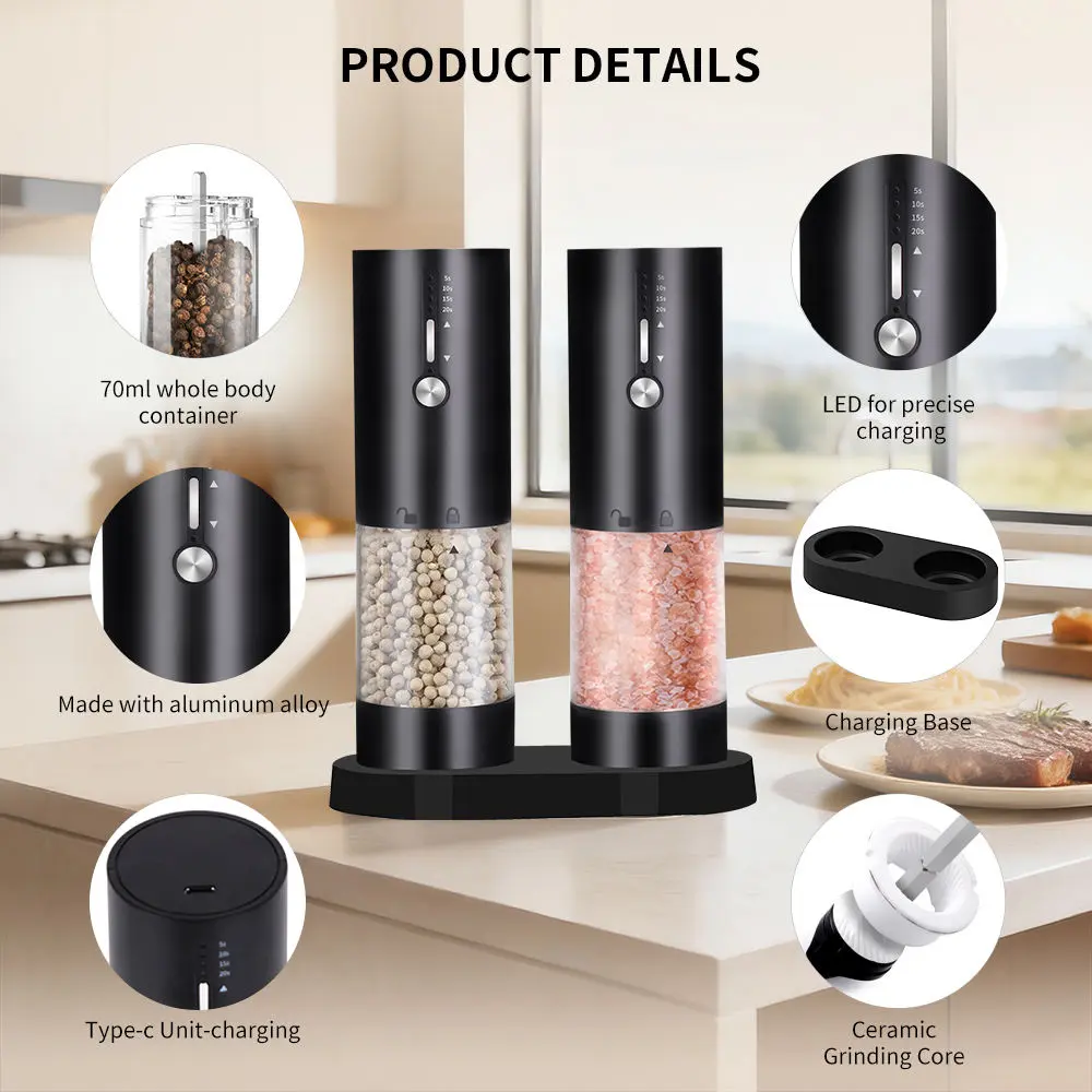 OEM Electric USB Rechargeable 118ML Ceramic Burr Salt Pepper Grinder Set Base LED Factories, Factory