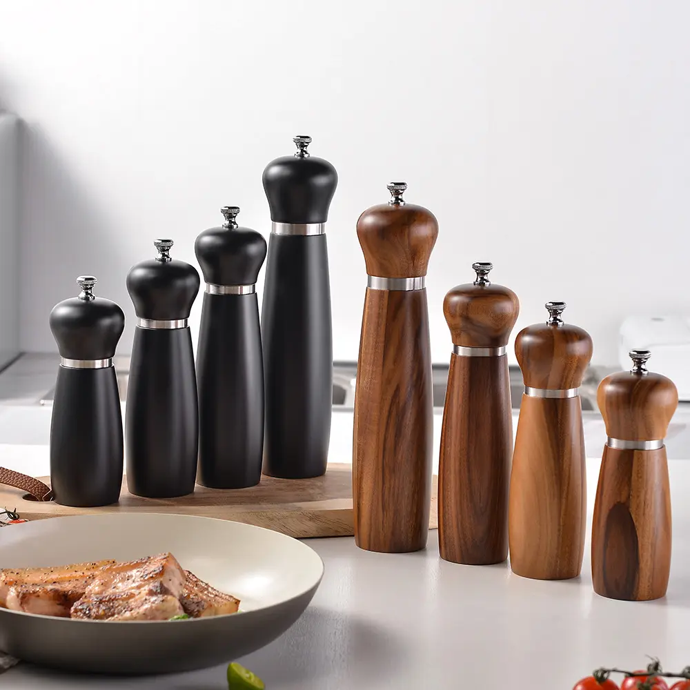 Wholesale 8 Inches Each Acacia Wood Salt Pepper Grinder Set with Wood Stand Manufacturer, Supplier