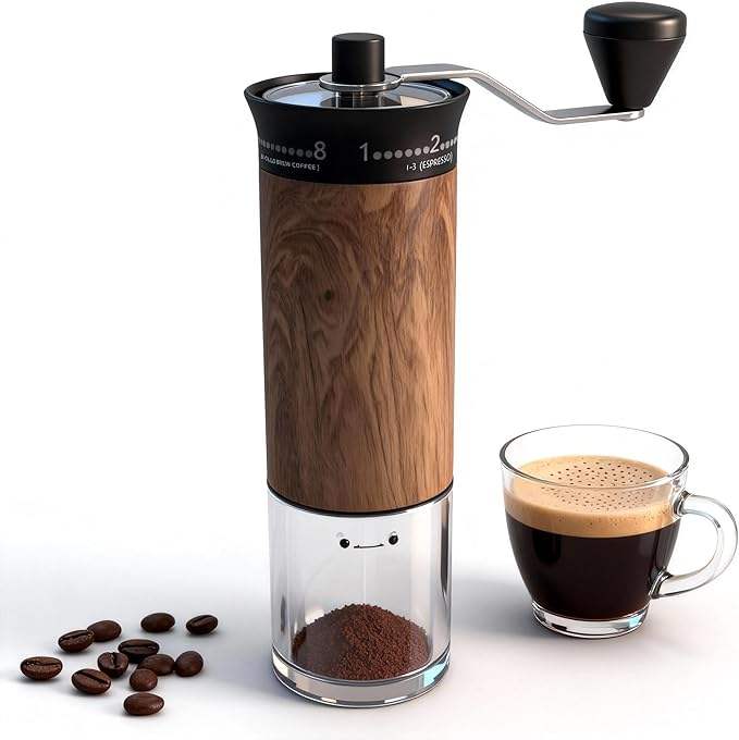 Manual coffee grinder with 56 adjustable settings