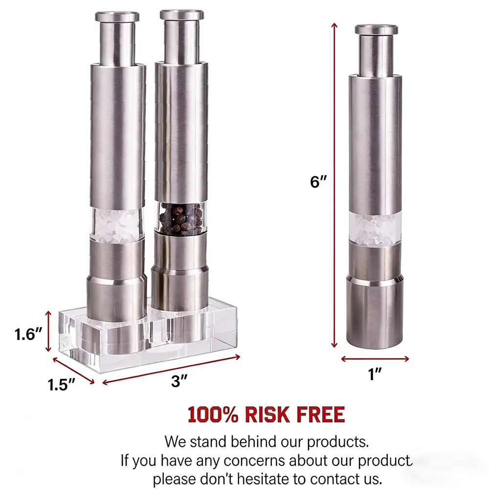 High-Quality Stainless-Steel One-Handed Thumb Push Button Spice Mill Salt and Pepper Grinder Set Supplier, Factory