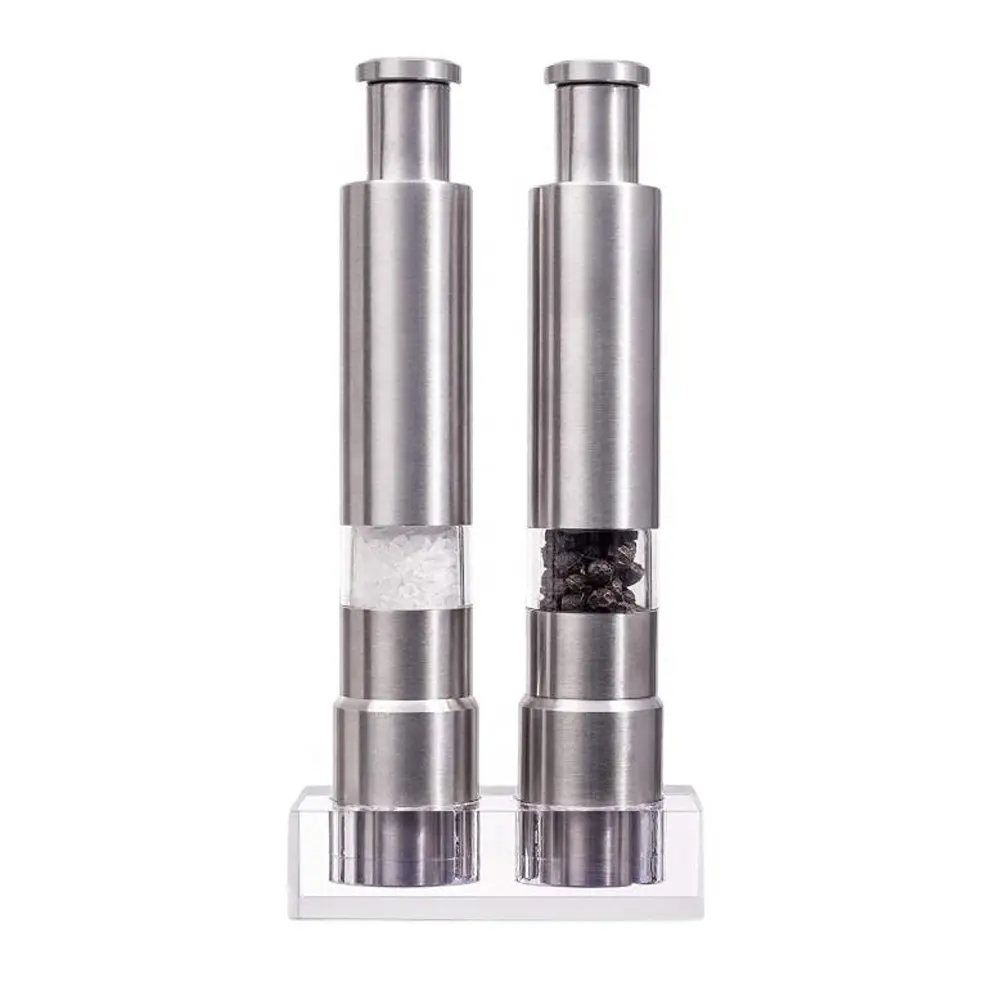 High-Quality Stainless-Steel One-Handed Thumb Push Button Spice Mill Salt and Pepper Grinder Set Supplier, Factory