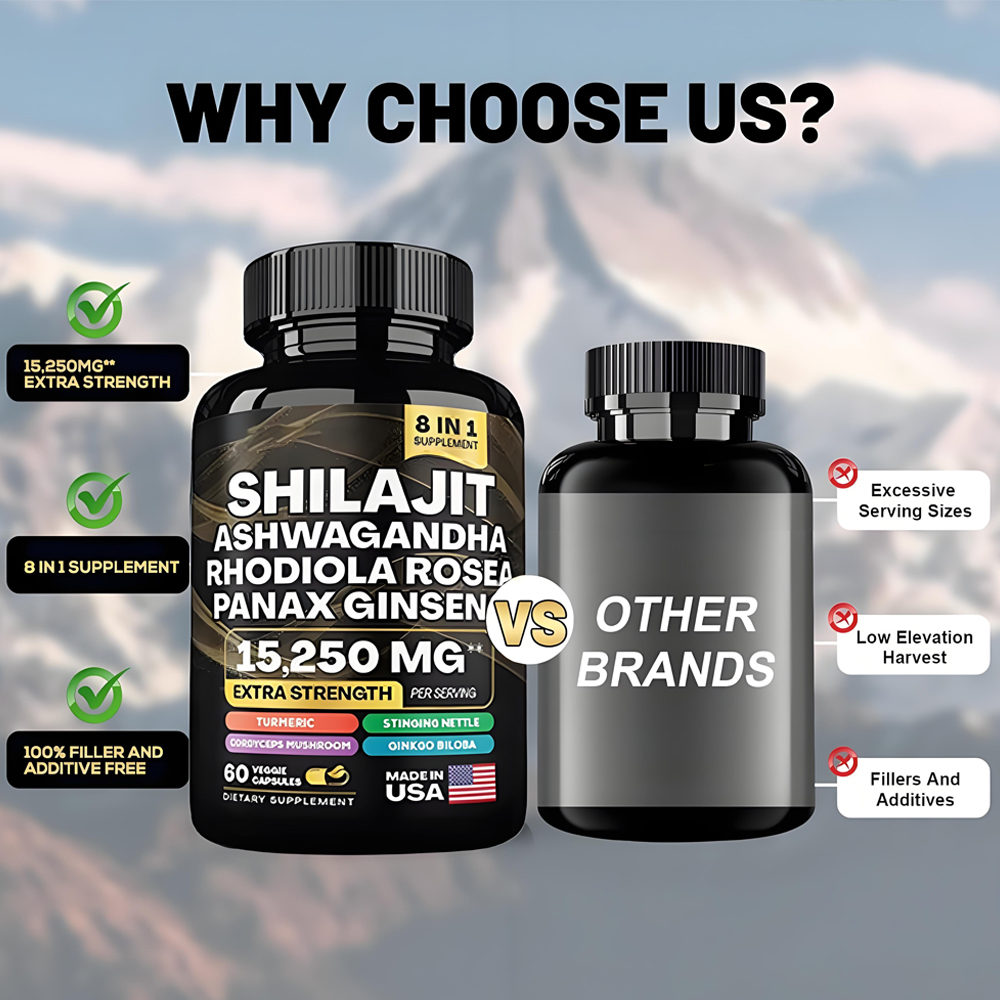 Himalayan Shilajit 8 In 1 Ashwagandha Rhodiola Rosea Panax Ginseng 15250mg Extra Strength Herbal Supplements Shilajit 60 Capsule