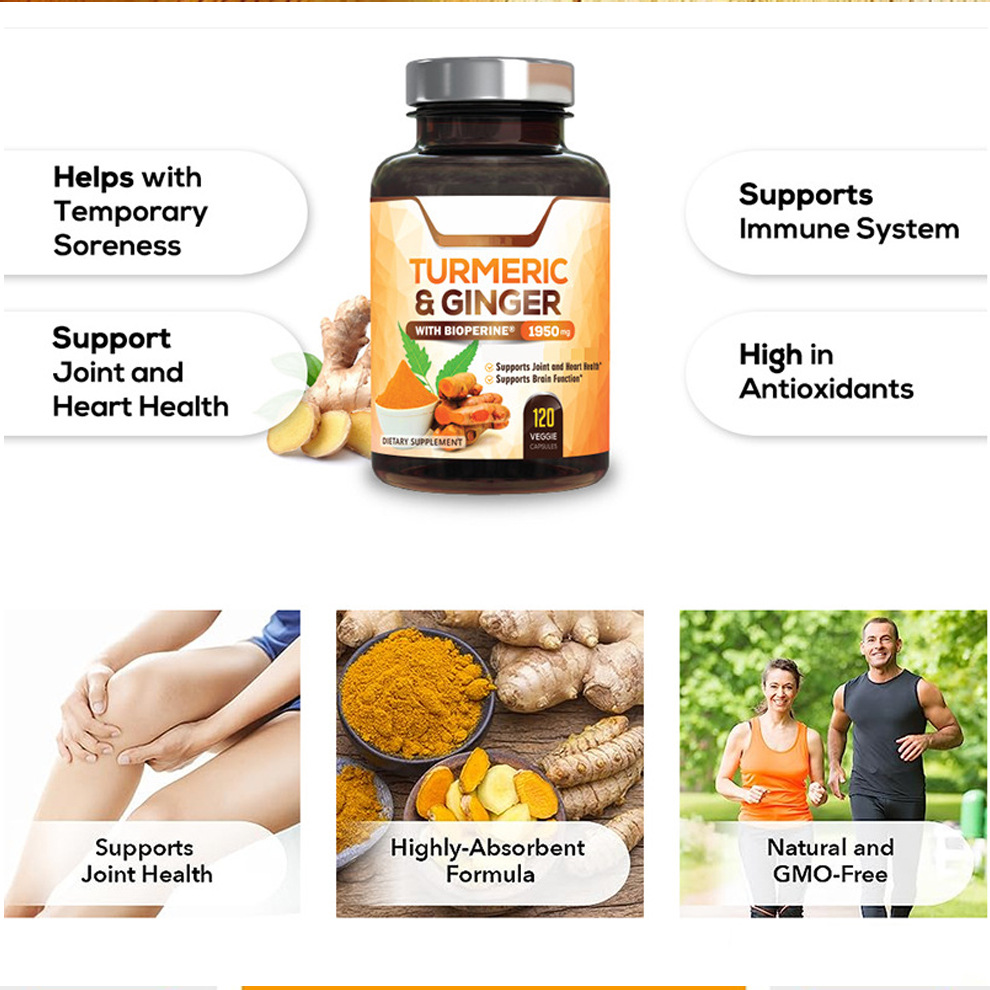 OEM Ginger Extract Turmeric Curcumin Capsules with Bioperine for Joint Support Anti Inflammatory