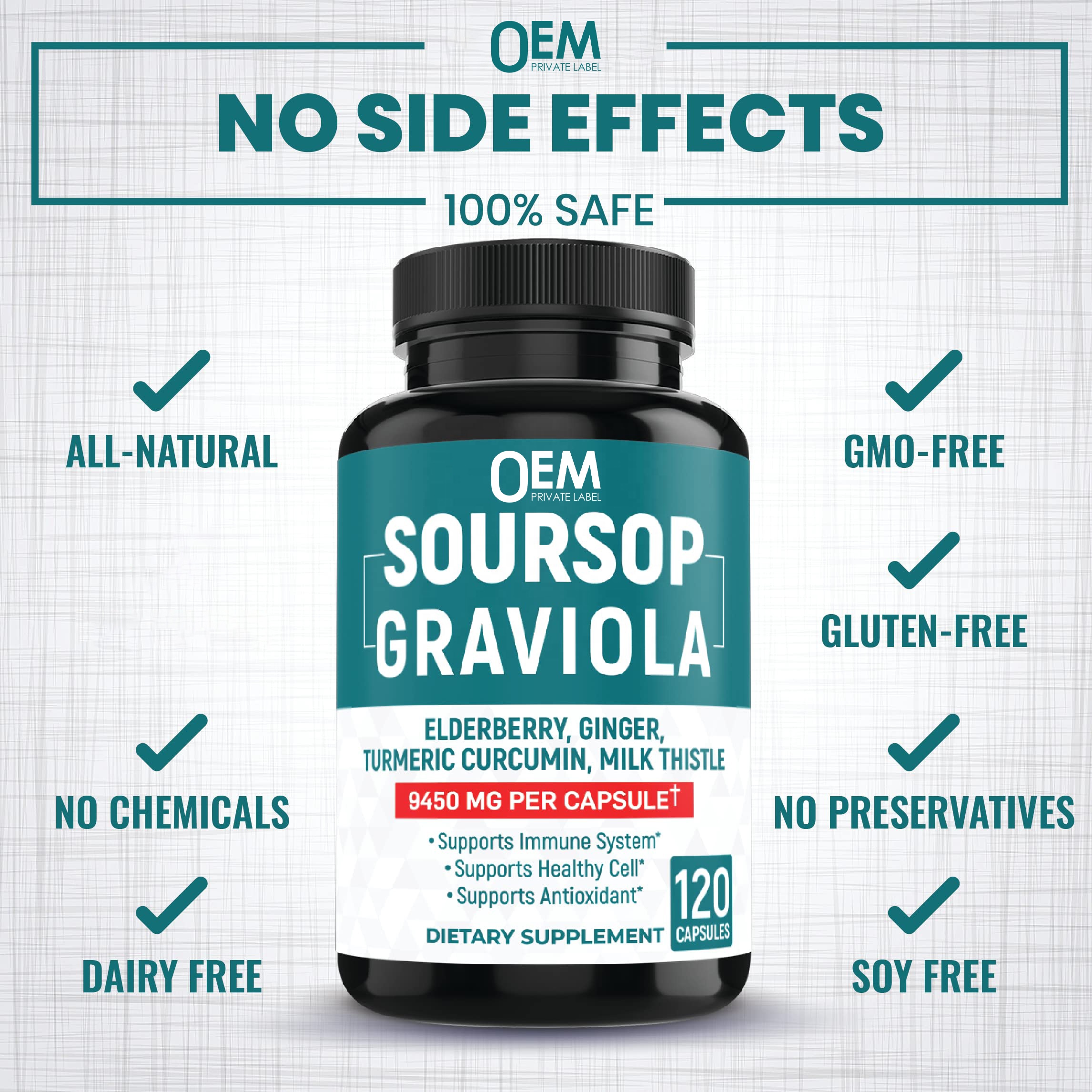 OEM Soursop Graviola Capsules Natural Leaf Extract Herbal Supplements Adult Health Relief Digestion Respiratory System 60 Count