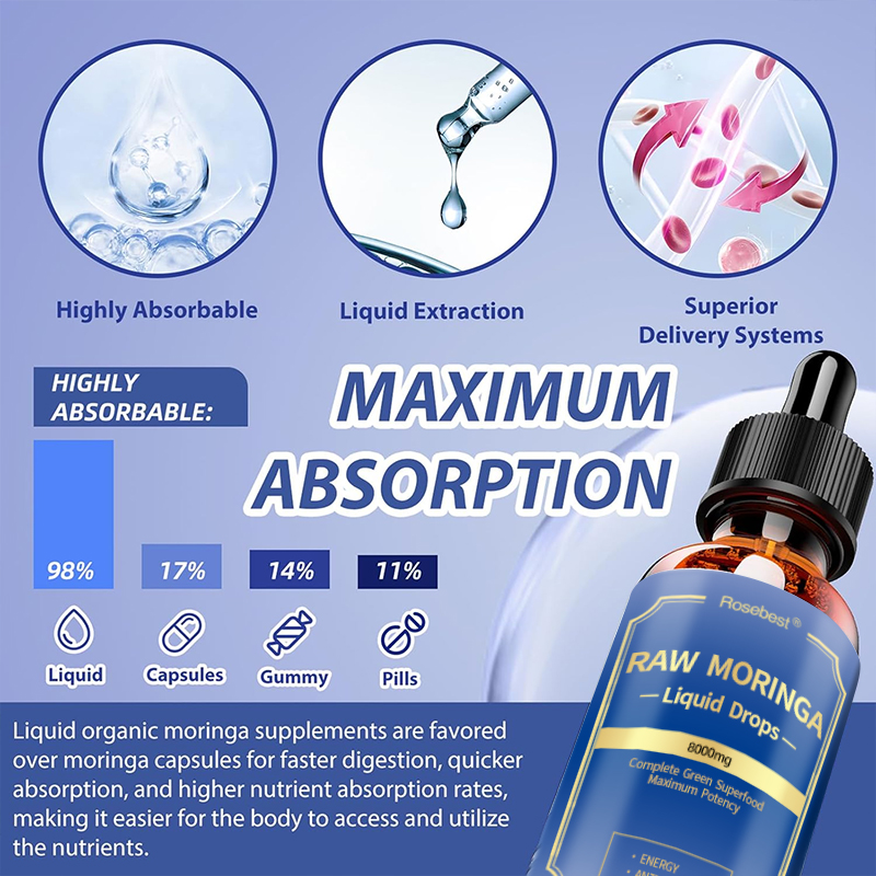 Rosebest China Factory Wholesale Bulk Natural Flavor Pure Organic 800mg Moringa Oleifera Leaf Extract Liquid Drops Supplements