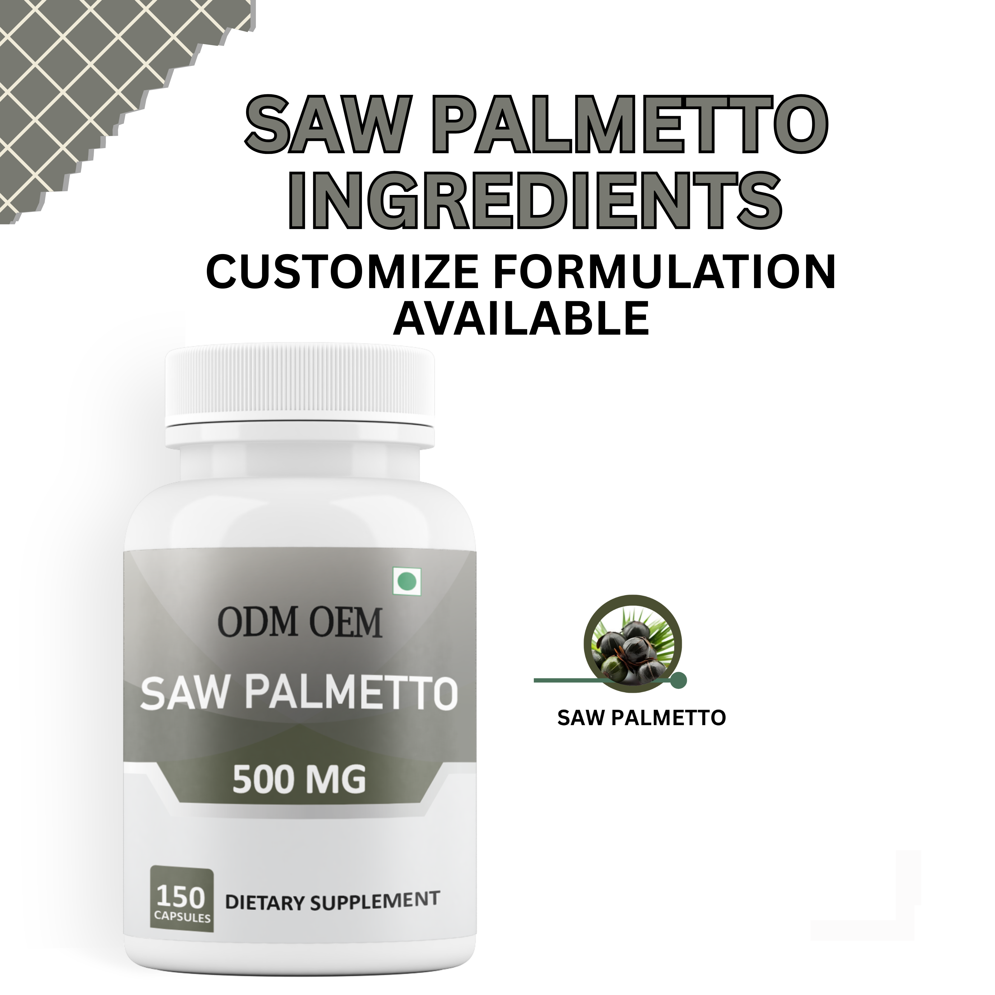 Saw Palmetto Herbal Extract 150 Count 99 Percent Alkaloids Plant Based Extract Private Label Bottle Packaging Product