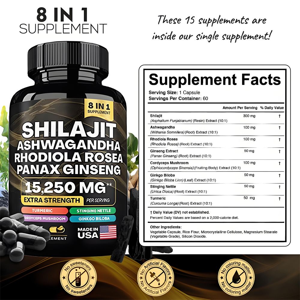 Himalayan Shilajit 8 In 1 Ashwagandha Rhodiola Rosea Panax Ginseng 15250mg Extra Strength Herbal Supplements Shilajit 60 Capsule