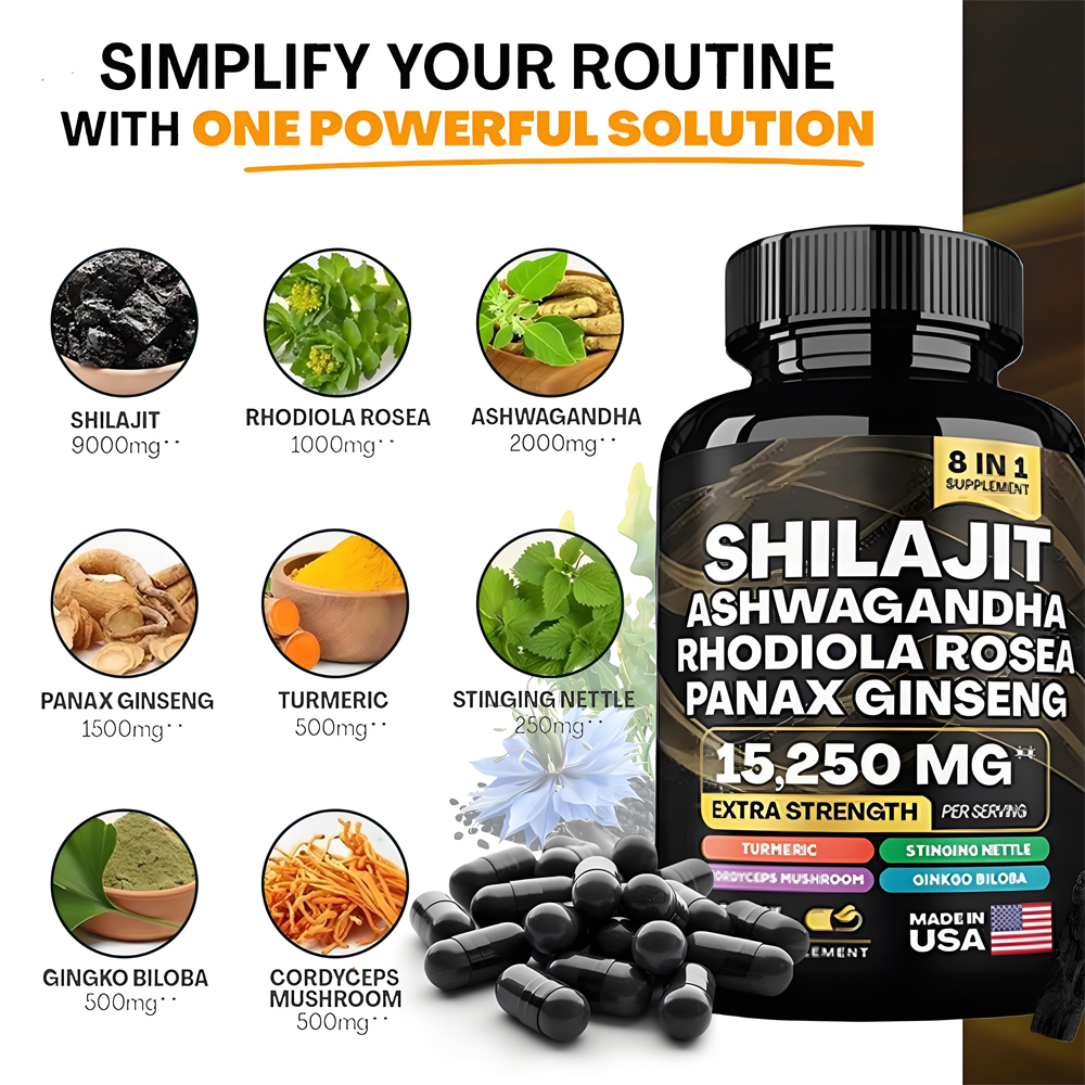 Himalayan Shilajit 8 In 1 Ashwagandha Rhodiola Rosea Panax Ginseng 15250mg Extra Strength Herbal Supplements Shilajit 60 Capsule