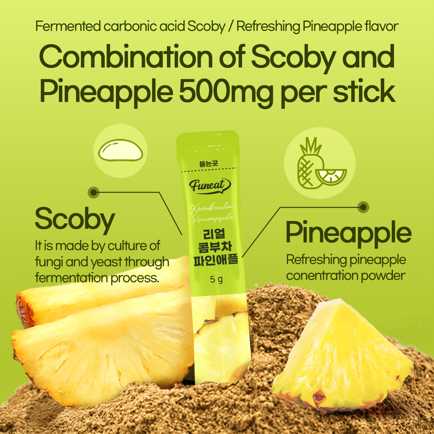 Best Selling Diet Food Funeat Real Kombucha Pineapple Flavor Detox Drink Probiotics Slimming Tea Diet Fermented Tea Yeast