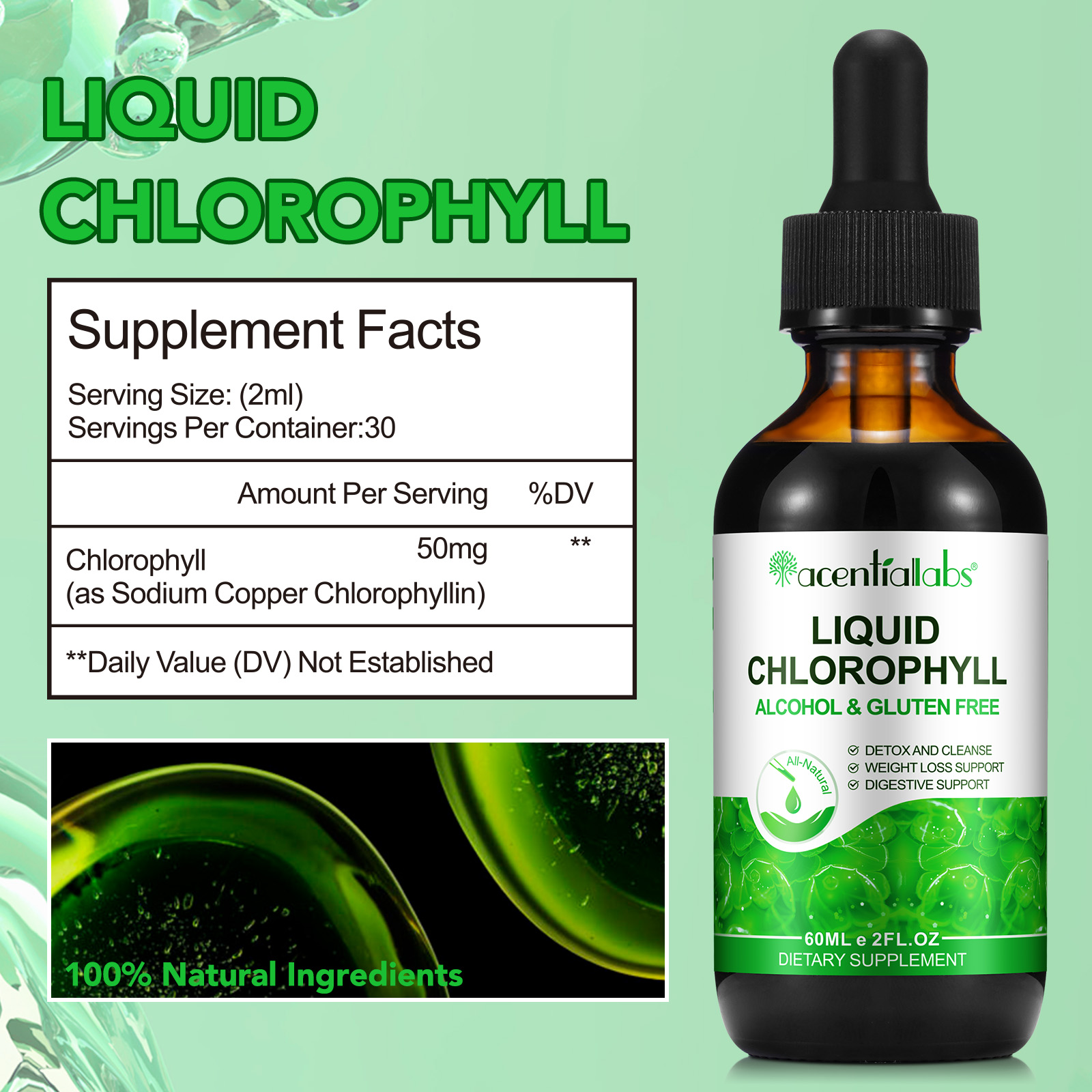 Acentiallabs Liquid Chlorophyll Drops 60ml Herbal Supplement USA Warehouse Stock Fast Delivery Vegan Detox Gut Weight Loss Drops