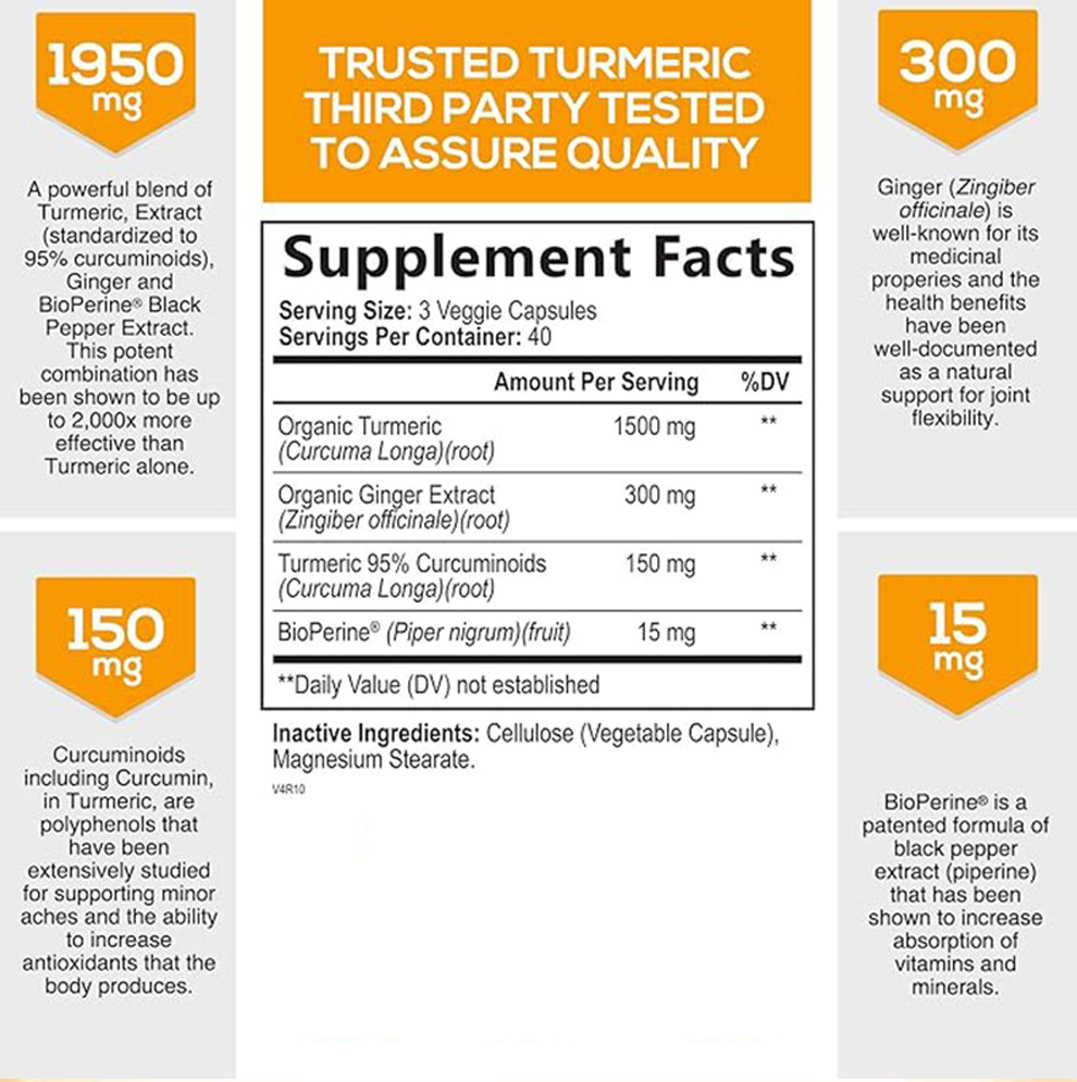 OEM Ginger Extract Turmeric Curcumin Capsules with Bioperine for Joint Support Anti Inflammatory