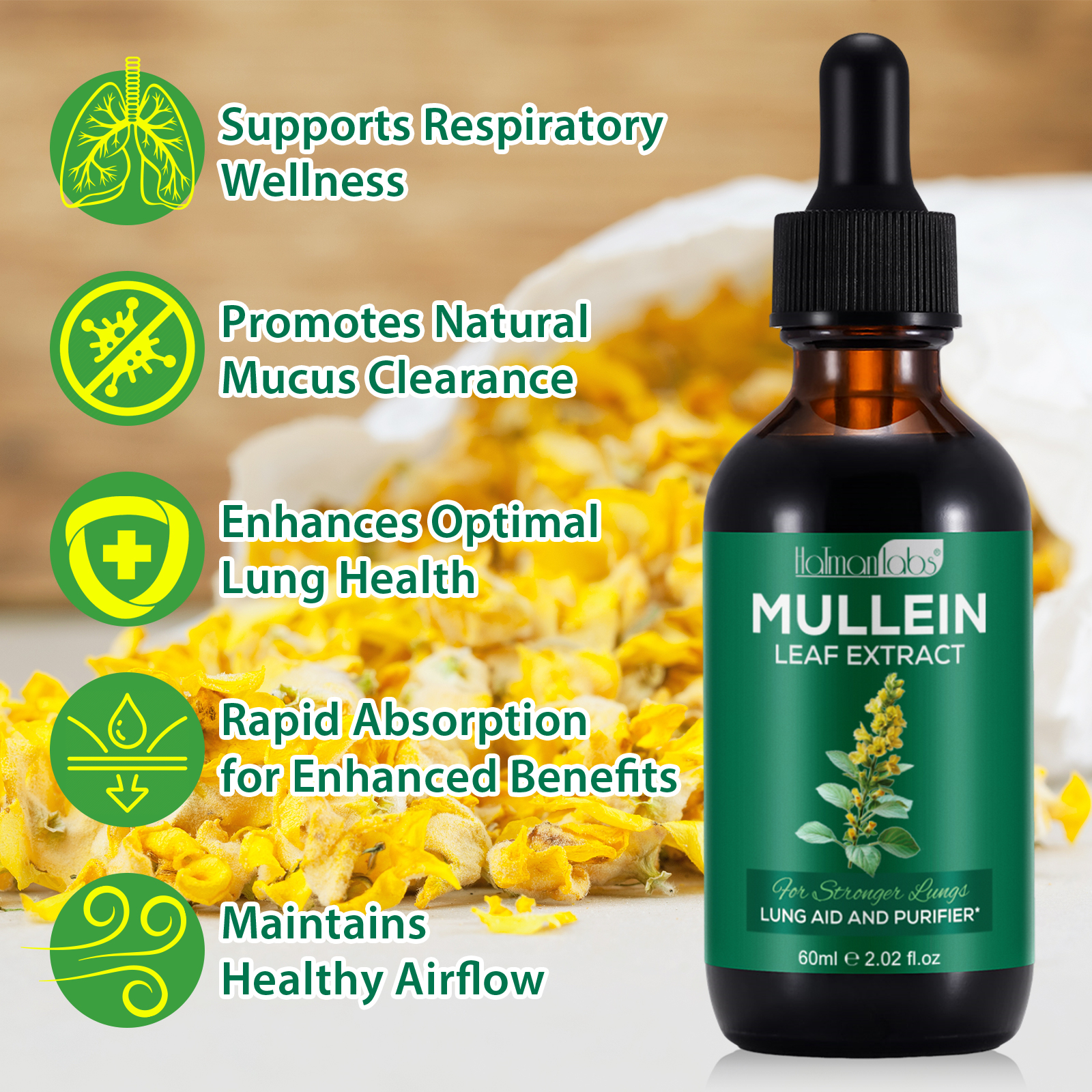 Private Label 100% Organic Supplements 60ml Mullein Leaf Extract Liquid Drops for Lungs