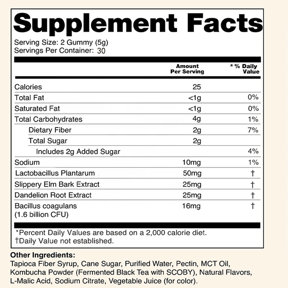 OEM/ODM Customizable Kombucha Gummies Natural Slippery Elm, Dandelion Root Herbal Supplement-Vegan 60 Kombucha Gummy