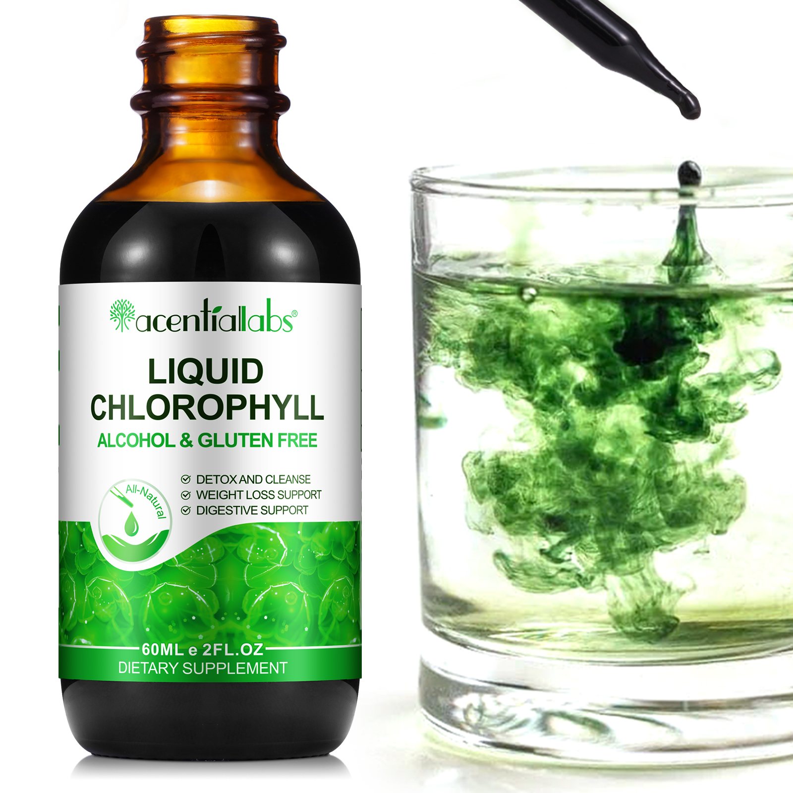 Acentiallabs Liquid Chlorophyll Drops 60ml Herbal Supplement USA Warehouse Stock Fast Delivery Vegan Detox Gut Weight Loss Drops