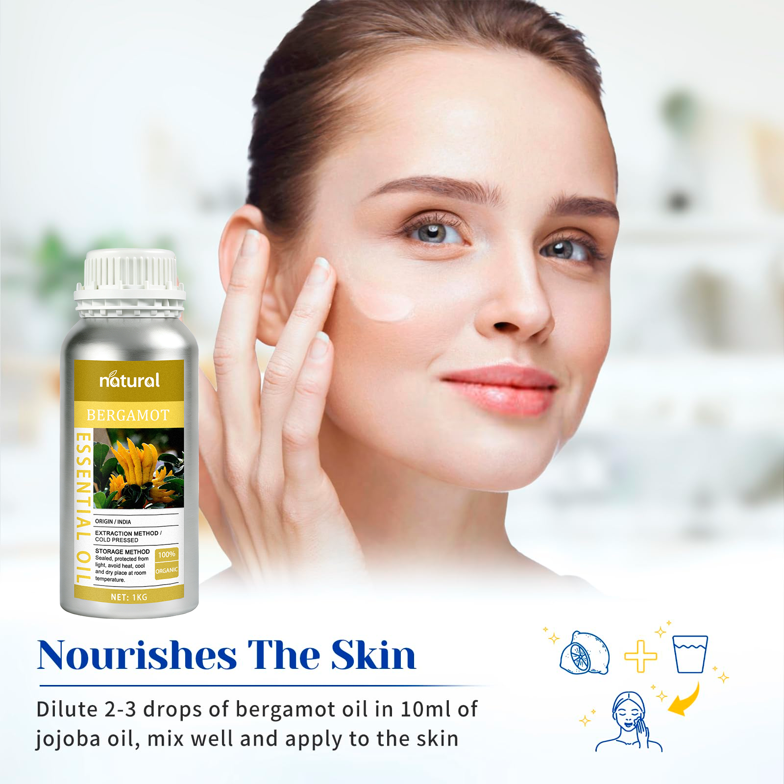 Natural Origin Organic Plant Extract 100% Pure Bergamot Essential Oil CO2 Steam Distilled for All Skin Skin
