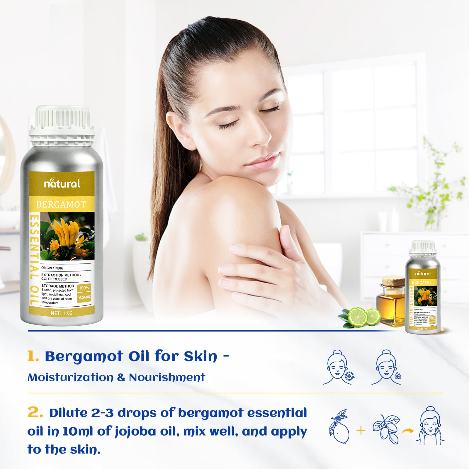 Natural Origin Organic Plant Extract 100% Pure Bergamot Essential Oil CO2 Steam Distilled for All Skin Skin