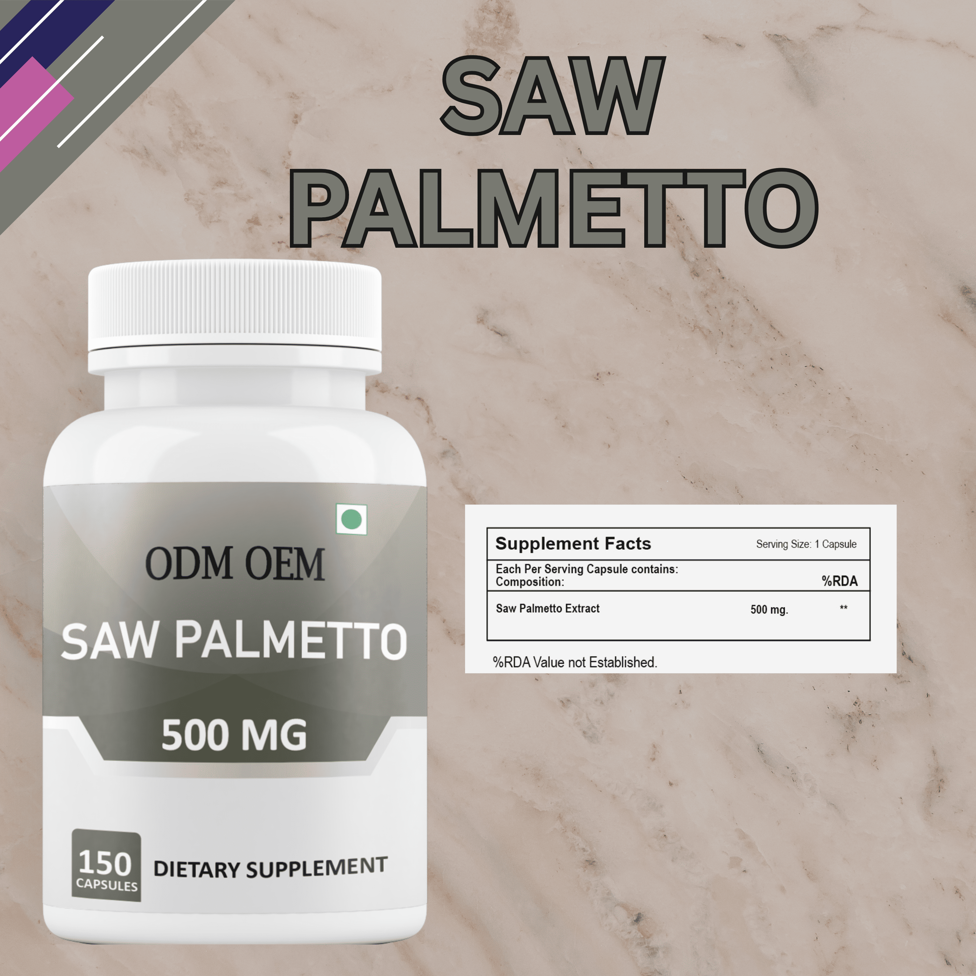 Saw Palmetto Herbal Extract 150 Count 99 Percent Alkaloids Plant Based Extract Private Label Bottle Packaging Product