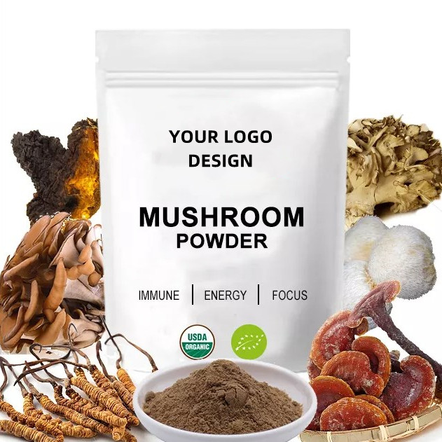 Private Label Top Quality Herbal Mushroom Extract Powder - USDA Organic - Lions Mane, Reishi, Cordyceps, Chaga, Turkey Tail