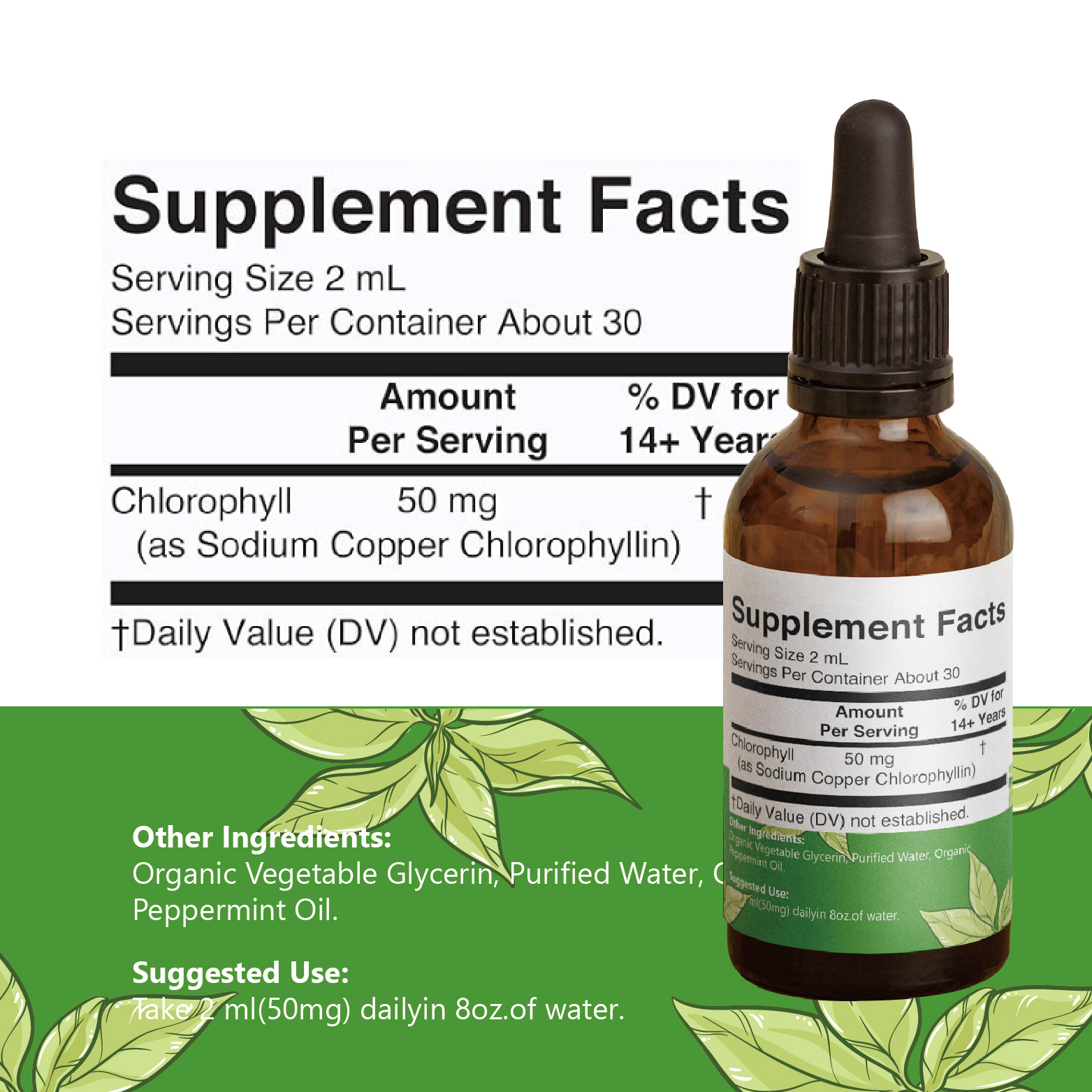 Organic Chlorophyll Liquid Drops for Detox &amp; Energy Boost, Custom OEM/ODM, GMP Halal Certified, Vegan Supplement Bulk Order