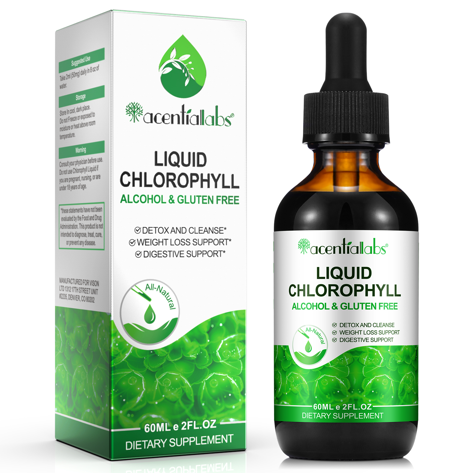Acentiallabs Liquid Chlorophyll Drops 60ml Herbal Supplement USA Warehouse Stock Fast Delivery Vegan Detox Gut Weight Loss Drops