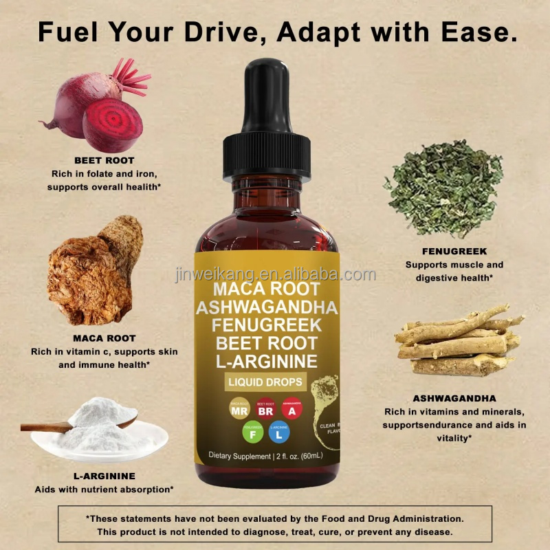 Vitahealthy OEM/ODM Private Label Organic Maca Root Drops Ashwagandha Beet Root Fenugreek Seed Extract Liquid Drops
