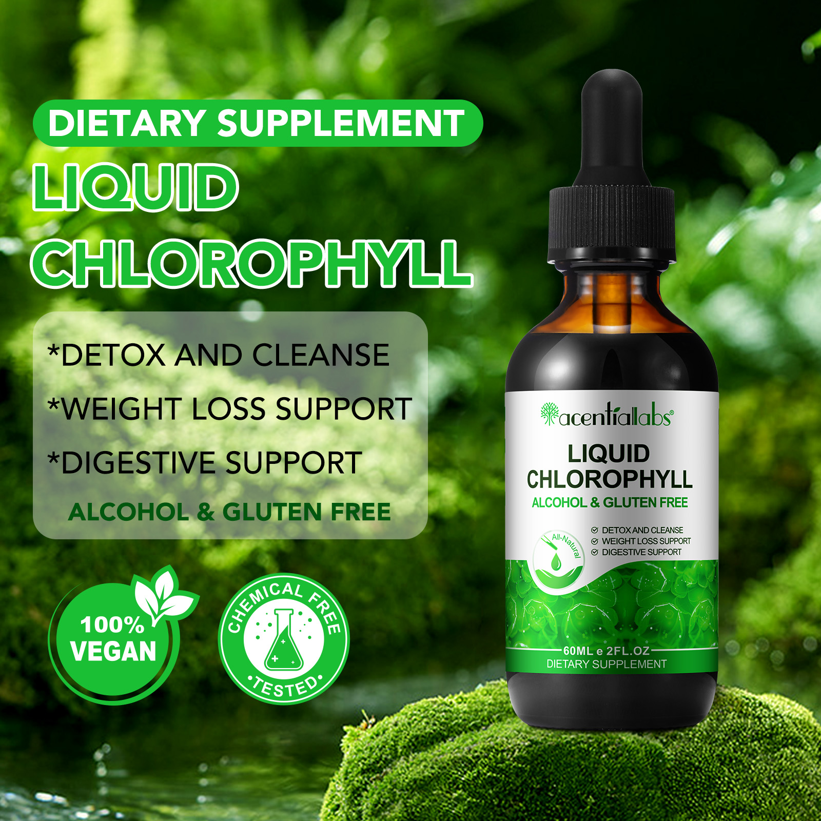 Acentiallabs Liquid Chlorophyll Drops 60ml Herbal Supplement USA Warehouse Stock Fast Delivery Vegan Detox Gut Weight Loss Drops