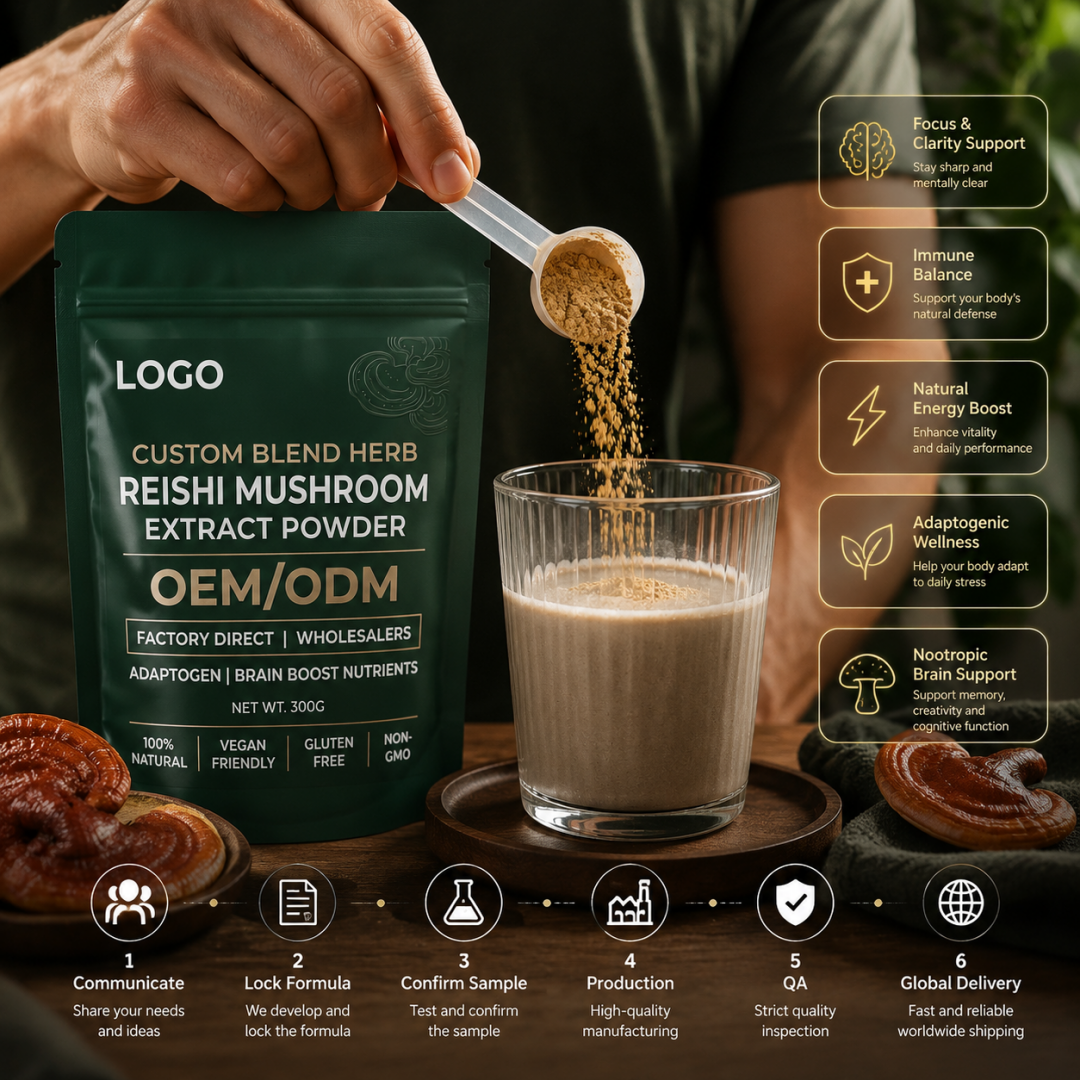 Factory Direct Custom Blend Herb Reishi Mushroom Extract Powder OEM ODM Wholesalers Adaptogen Antioxidant Brain Boost Nutrients