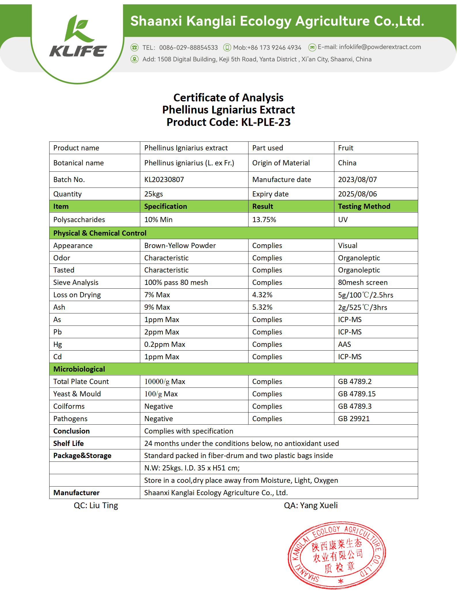 Phellinus Igniarius Extract Certificate of Analysis