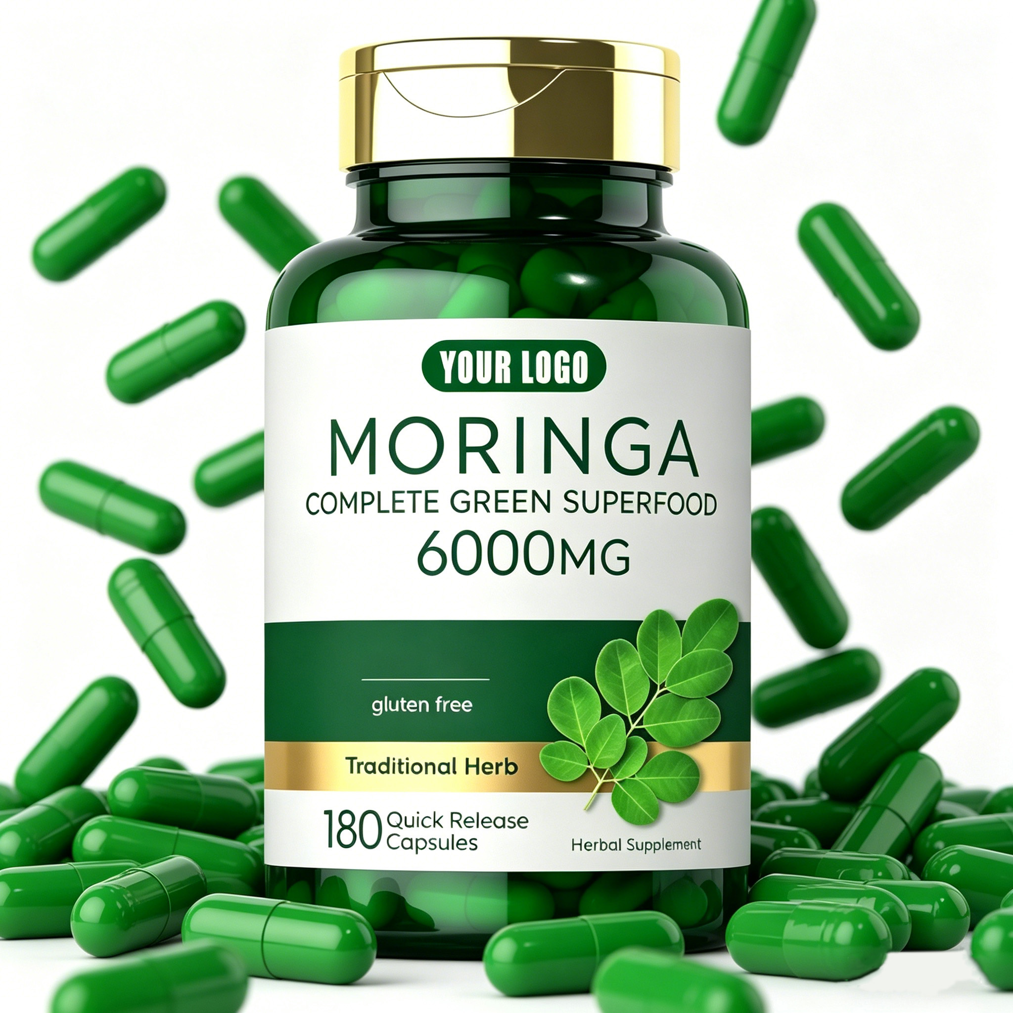 OEM Vegan Gluten Free Pure Natural Moringa Leaves 6000mg Fast Absorb Moringa Oleifera Capsules for Energy Boost Immune Support