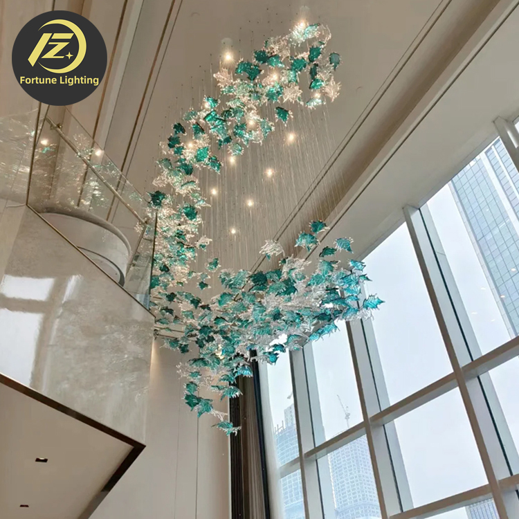 Modern Luxurious Hotel Project Lighting Long Adjustable Height Large Lobby Hall Maple Leaf Glass Customized LED Chandelier E14