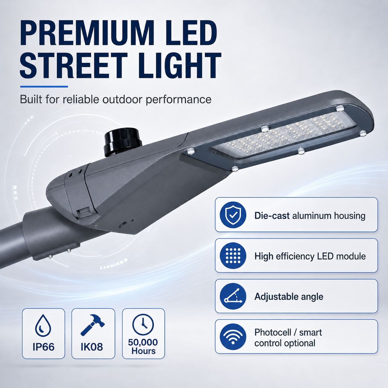 Smart Control LED Street Light IP66 Outdoor Road Lighting with Photocell Solar System Optional